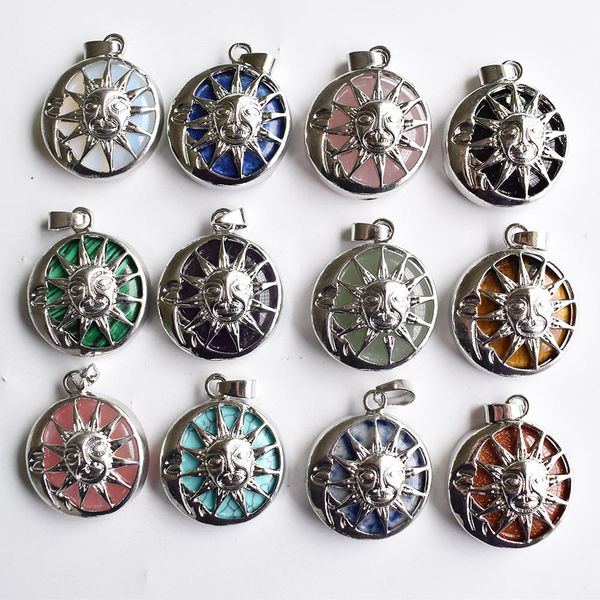 

natural stone amethysts rose quartz chakra lapis alloy sun flower pendants charms for necklace jewelry accessories marking, Bronze;silver