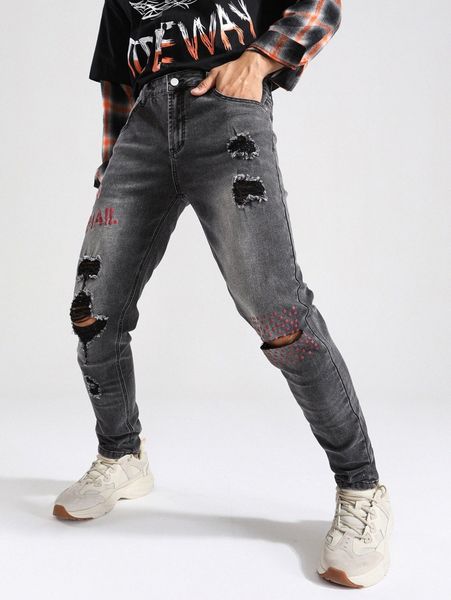 

men letter graphic ripped jeans b11w#, Blue