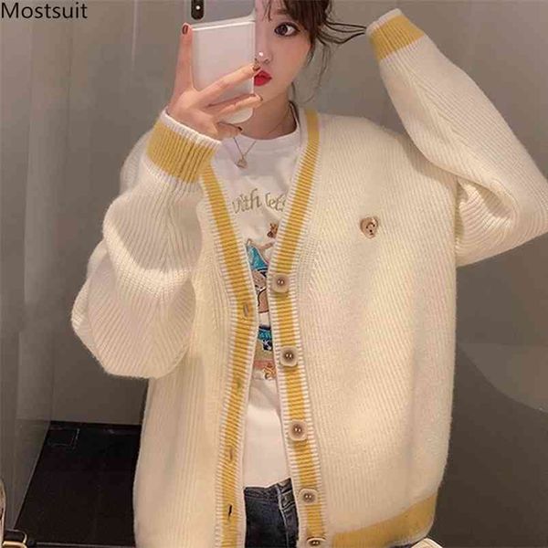 Primavera Outono Camisolas Elegantes Para As Mulheres Amarelo Solto Cardigan Cardigan Coreano Manga Longa V-Neck Buttons Outwear 210513