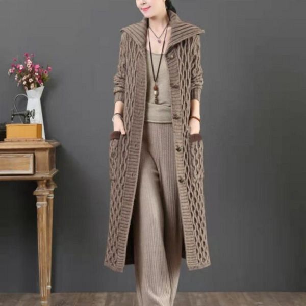 

women's trench coats autumn winter fashion loose long knit sweater women solid color cardigans warm knitwear knitted outerwear, Tan;black