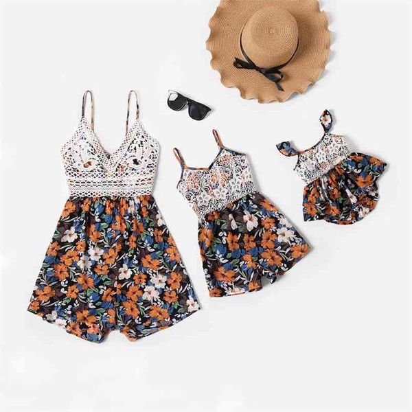 

summer lace stitching floral print sling rompers for mommy-girl-baby 210528, Blue