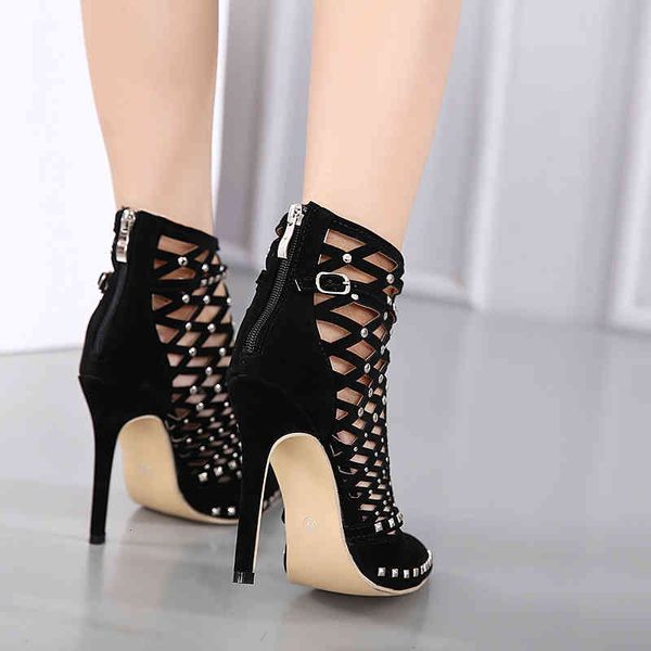 

european and sandal american fashion high hollow rivet with cool suede boots sandals pointed shoes for rome size 35 to 40, Black