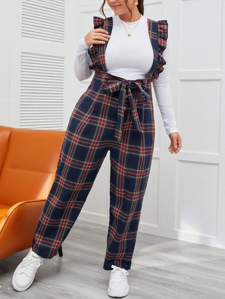 

plus ruffle trim belted plaid jumpsuit c80x#, Black