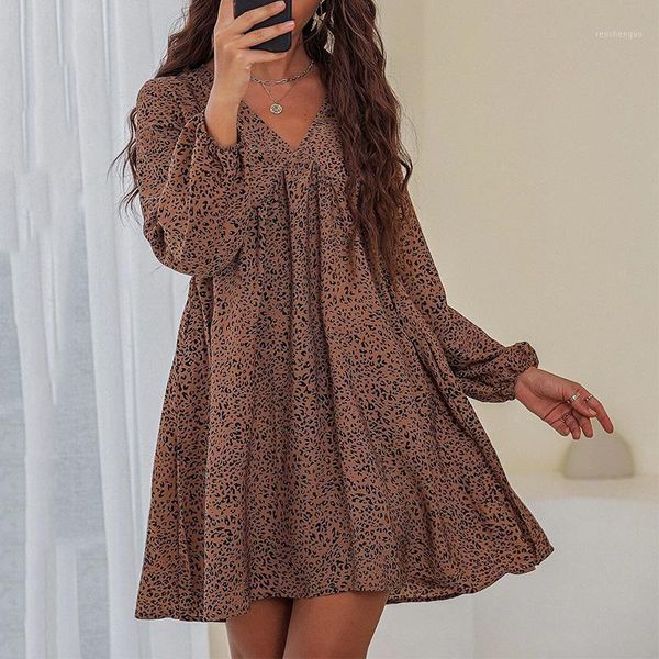 

casual dresses women v neck allover print bishop sleeve smock dress elegant office lady high waist mini fall winter clothes, Black;gray