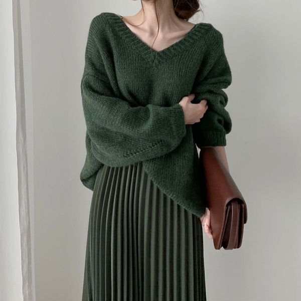 

arrival autumn winter elegant v-neck sweater ol vintage solid pullovers loose knitted sweaters woman clothes 210421, White;black