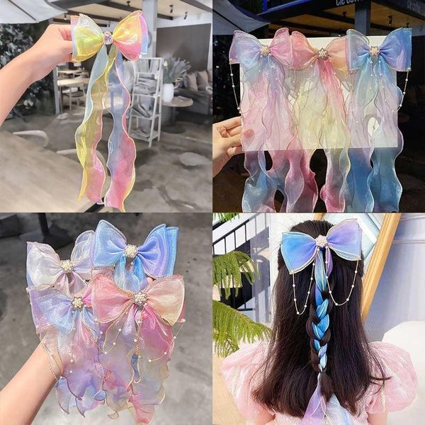 

hair accessories girls cute colorful chiffon bow ribbon hairpins children sweet decorate headband clips fashion, Slivery;white