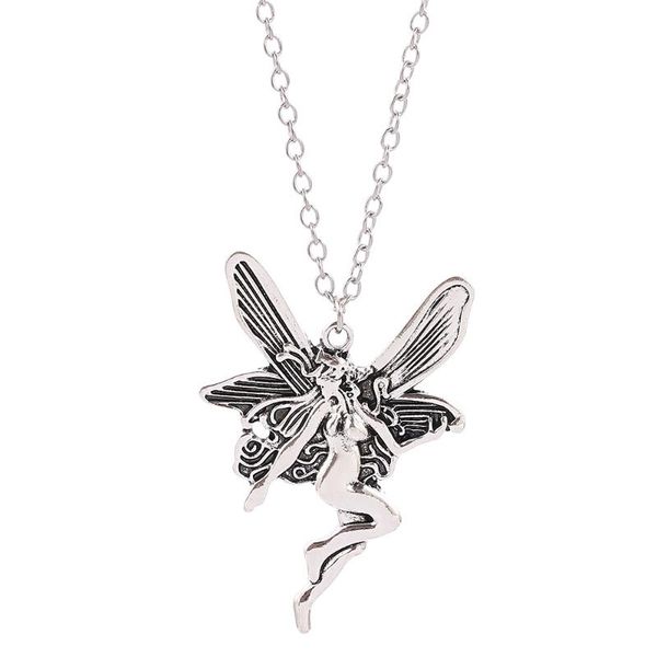 

wholesale vintage angel woman necklace girl flower fairy demon clavicle chain punk gothic jewelry accessories pendant necklaces, Silver
