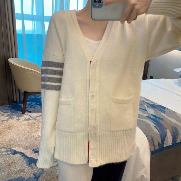 

1425 autumn and winter new fashion four bar v-neck loose cardigan coat, White