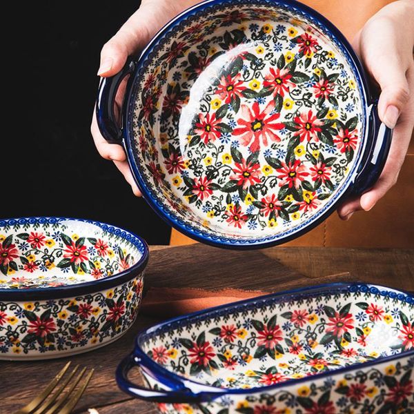 

bowls retro ceramic handle salad bowl household oven breakfast bake pan microwave bohemia binaural soup in-glaze tableware