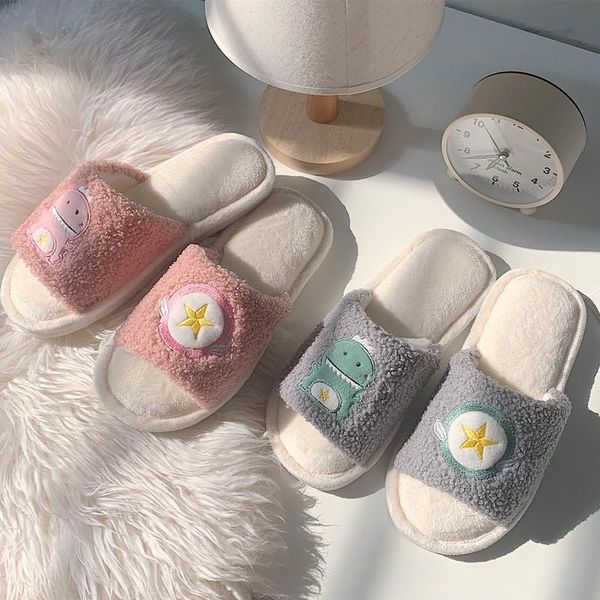 

slippers cartoon indoor plush female embroidered furry home shoes winter women comfortable slip on slides, Black