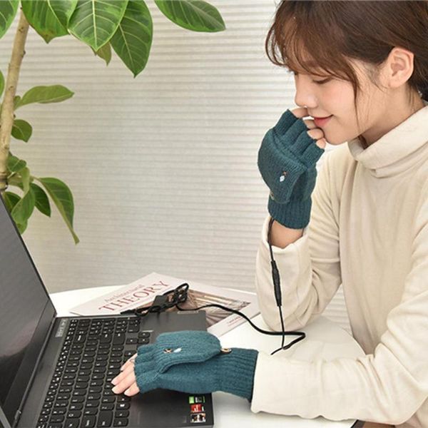 

berets adjustable usb warm gloves electric heating winter heated female plush autumn knitted half-finger, Blue;gray