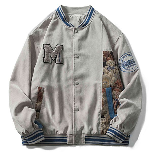 

men's jackets harajuku bomber jacket, male cotton hip hop, embroidery, bear letter, patchwork, autumn 2021, Black;brown