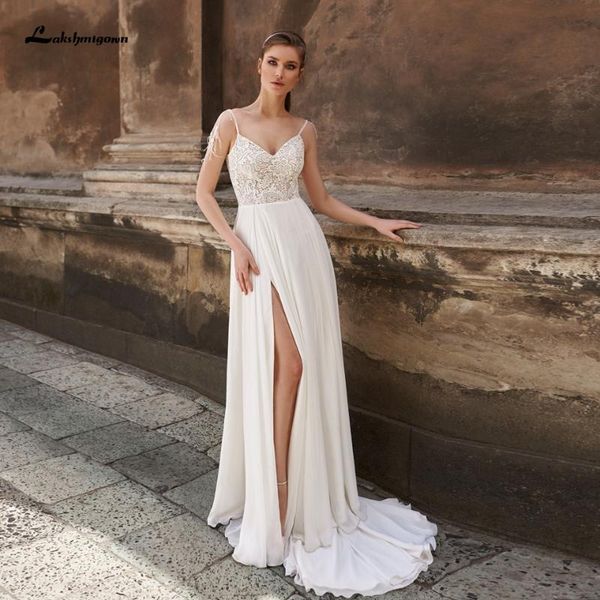 

other wedding dresses lakshmigown women beach dress summer 2021 vintage lace bodice side split bridal receipt spaghetti straps, White