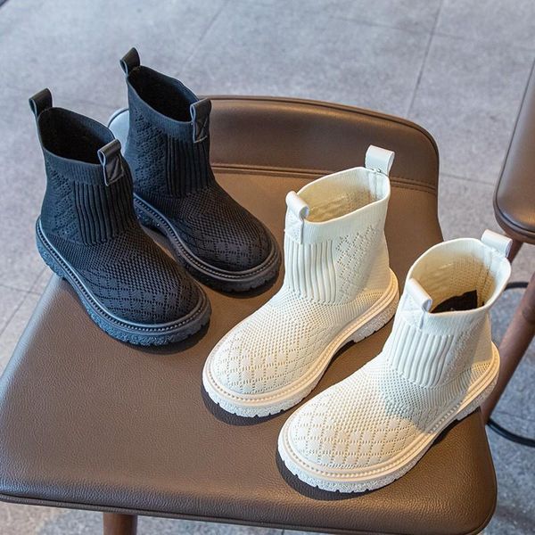 

boots kids sock mesh black white fashion autumn slip-on boys girls boot mid-calf breathable size 27-38 children casual shoes, Black;grey