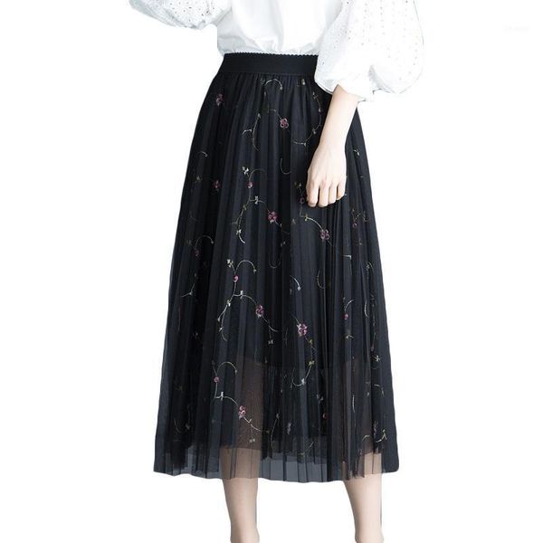 

skirts women yarn skirt with high elastic waist pleated long hemline for spring, summer,autumn seasons, Black