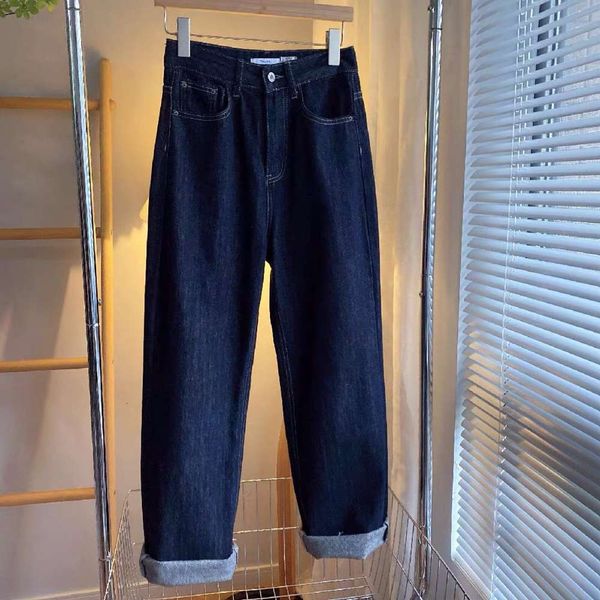 

spring and autumn high waist loose thin tube crimped denim pants women, Blue