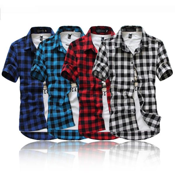 

summer fashion chemise homme mens checkered shirts short sleeve shirt men blouse red and black plaid y men's casual, White;black