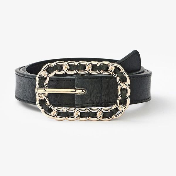 

belts oval silver chain pu belt for women fashion metal pin buckle dress jeans thin waistband female 2021 brand design, Black;brown