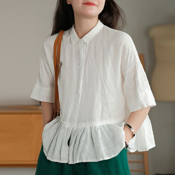 

johnature women linen vintage shirts and solid color turn-down collar summer fold female clothes loose blouses 210521, White