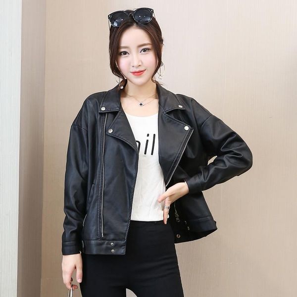 

women's leather & faux spring and autumn 2021 korean short coat version versatile locomotive student loose jacket, Black