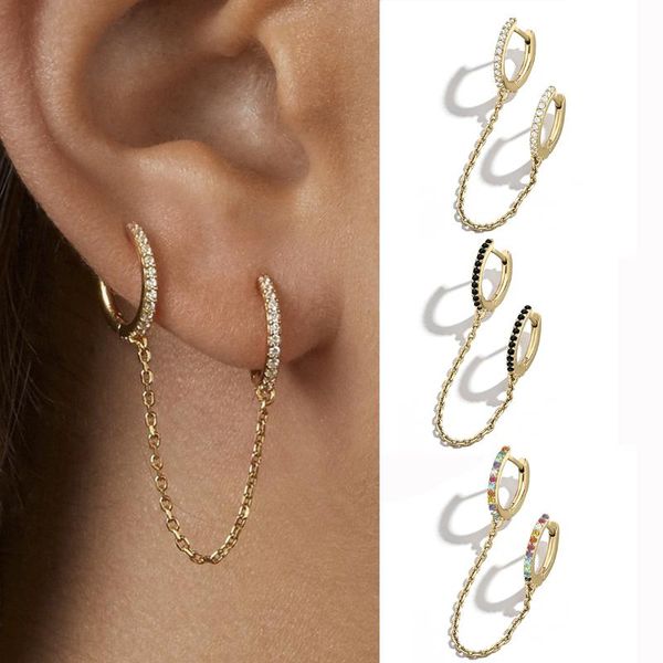 

punk two hole piercing round hoop earrings for women cartilage brilliant crystal zircon chain earring birthday gift & huggie, Golden;silver