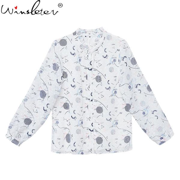 

women's blouses & shirts print woman chiffon 2021 autumn long lantern sleeve stand collar women fashion t07007k, White
