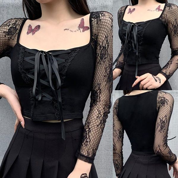 

women's t-shirt elegant lace up gothic mesh long sleeve women vintage hollow out bodycon basic bandage tight tees shirts #a, White
