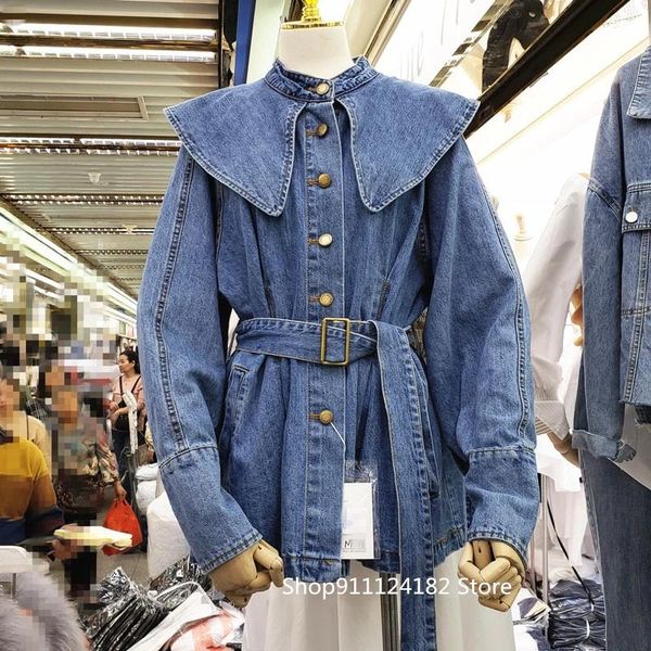 

women's jackets 2021 spring loose korean shirt sweet doll collar denim mid-length belt waist college style female fast delivery, Black;brown