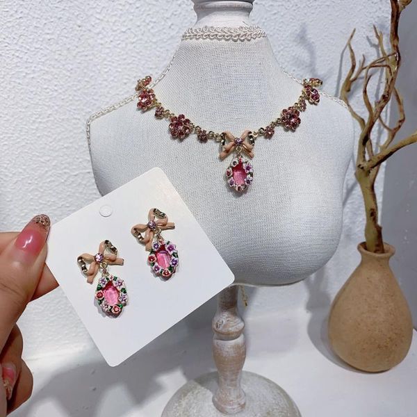 

earrings & necklace sweet pink bowknot for women sparkling crystal wedding party jewelry birthday gift accessories sets, Silver