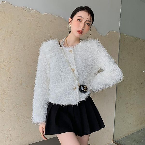 

women's jackets fashion autumn women single-breasted luxury o-neck mink cardigan solid coat faux fur furry long sleeve jacket, Black;brown