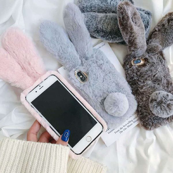 Lüks Bunny Tavşan Kılıfları Kürk Saç Peluş Bulanık Kabarık Büyük Kulak Kılıf Iphone 11 12 Mini Pro X XS Max XR 7 6 6 S Artı Telefon Noel Kapak