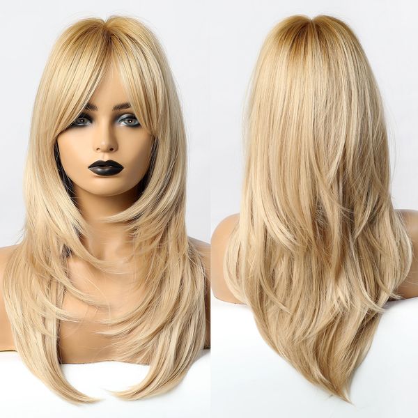 

long ombre brown ligh blonde synthetic wigs with side bangs hair wigs for women cosplay daily party hair heat resistant fiber, Black