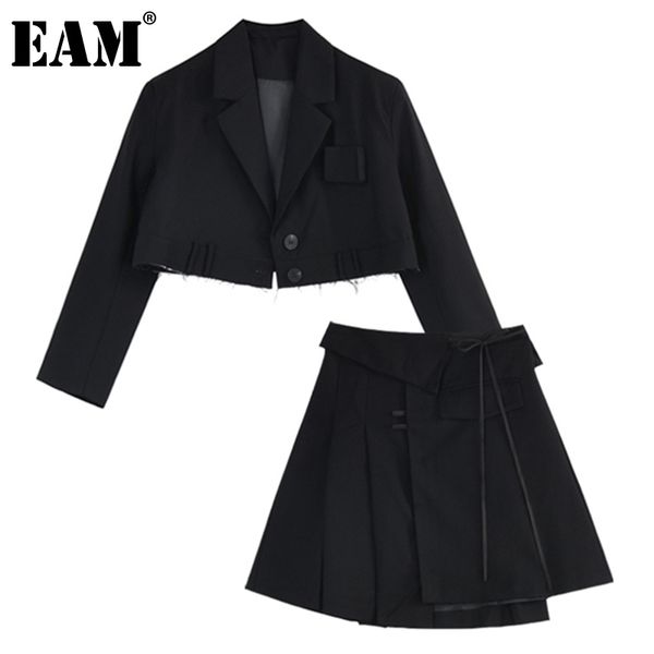 

[eam] irregular pleated half-body short skirt two pieces suit lapel long sleeve loose women fashion summer 1dd6818 21512, White