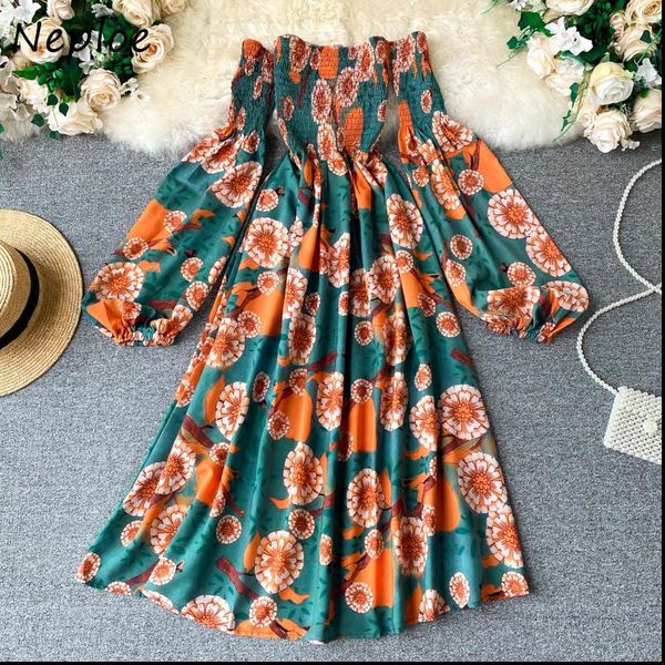 

chic women dress print shoulder strapless slash neck beach lantern sleeve vestidos autumn high waist a line dresses, Black;gray