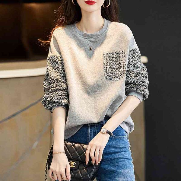 

european gray round neck sweater women's spring and autumn thin 2021 new fashion loose small fragrance coat, Black