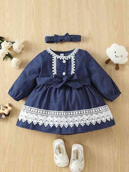

baby contrast guipure lace bishop sleeve belted dress & headband she, Red;yellow