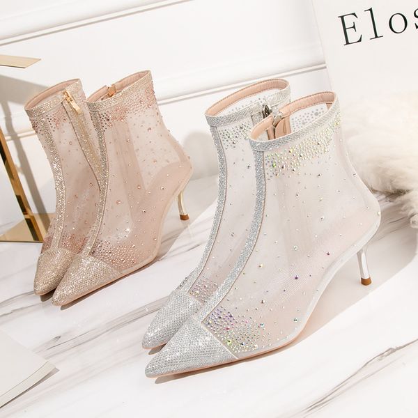 

1885-3 fashion women's boots thin heel high sho diamond pointed net comfortable short, Black