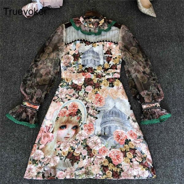 

casual dresses truevoker women's lace flare sleeve vintage floral print boutique party female festa vestidos, Black;gray