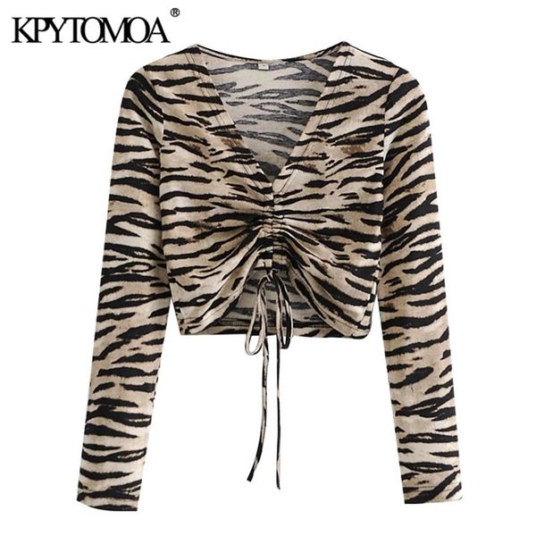 

women fashion with drawstring animal print cropped blouses v neck long sleeve female shirts chic 210420, White