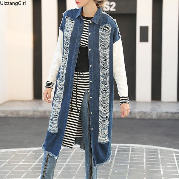 

women's trench coats loose straight button turndown ripped denim hole punk gothic long women coat jeans windbreaker harajuku streetwear, Tan;black