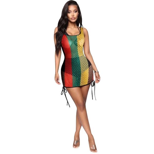 

rainbow striped printed sheer hollow out summer dress birthday outfits for women leisure vacation bandage sundress 210525, Black;gray