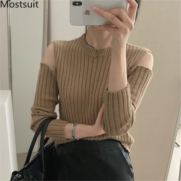 

korean shoulder open knitted sweaters pullovers women winter long sleeve o-neck slim fashion ladies jumpers femme 210518, White;black