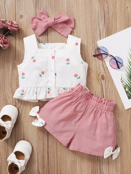 

baby girl floral peplum tank & bow shorts & headband she01, White
