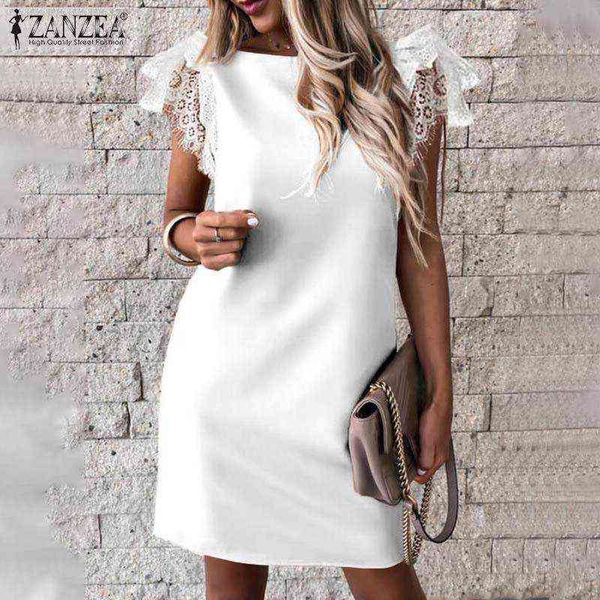 ZANZEA Stilvolle Frauen Sommer Elegante Kurzarm Spitze Häkeln Kleid Weibliche Büro Arbeit Solide Vestidos Midi Sommerkleid Robe Femme Y220214