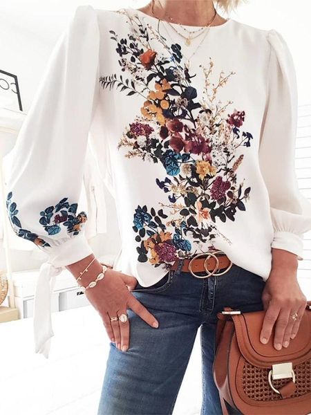 

lovely flower print blouse bouquet puff long sleeve women elegant floral basic casual shirt women's blouses & shirts, White