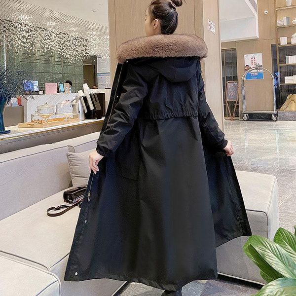 

women's trench coats long coat women autumn winter faux fur collar hooded loose windbreaker cotton padded thick overcoat y537, Tan;black