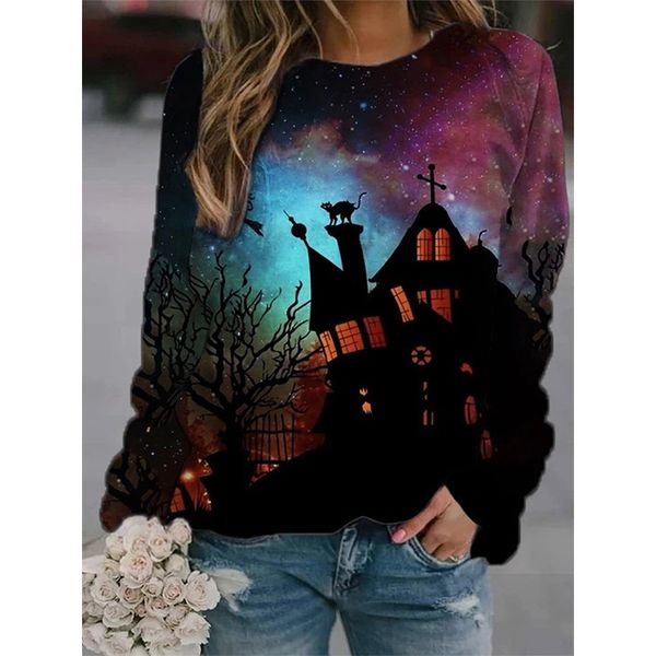 

halloween sweatshirt pumpkin moon witch print casual girl, Black