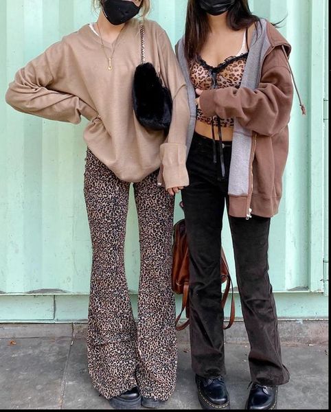 

y2k animal leopard print womens pant flare e girl slim high waist long wild autumn 90s outfits vintage clothes streetwear, Black;white