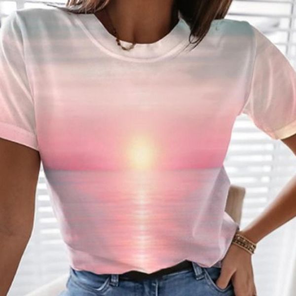 

women's t-shirt ocean landscape print women t shirt creative summer tees basic o-neck harajuku streetwear y2k female, White