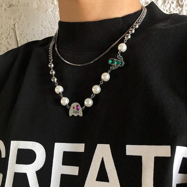 

chains ghost coconut diamond inlaid titanium steel spliced pearl choker, Silver